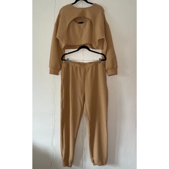 Tan Three-Piece Cropped Loungewear Suit - Picture 1 of 4